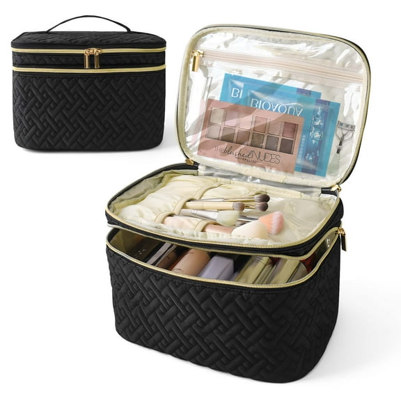 thovorrnl Makeup Bag, Quilted Toiletry Bag for Women Travel Essentials, Waterproof Cosmetic Bag with Removable Divider, 10.5x7.5x7 inches, Black