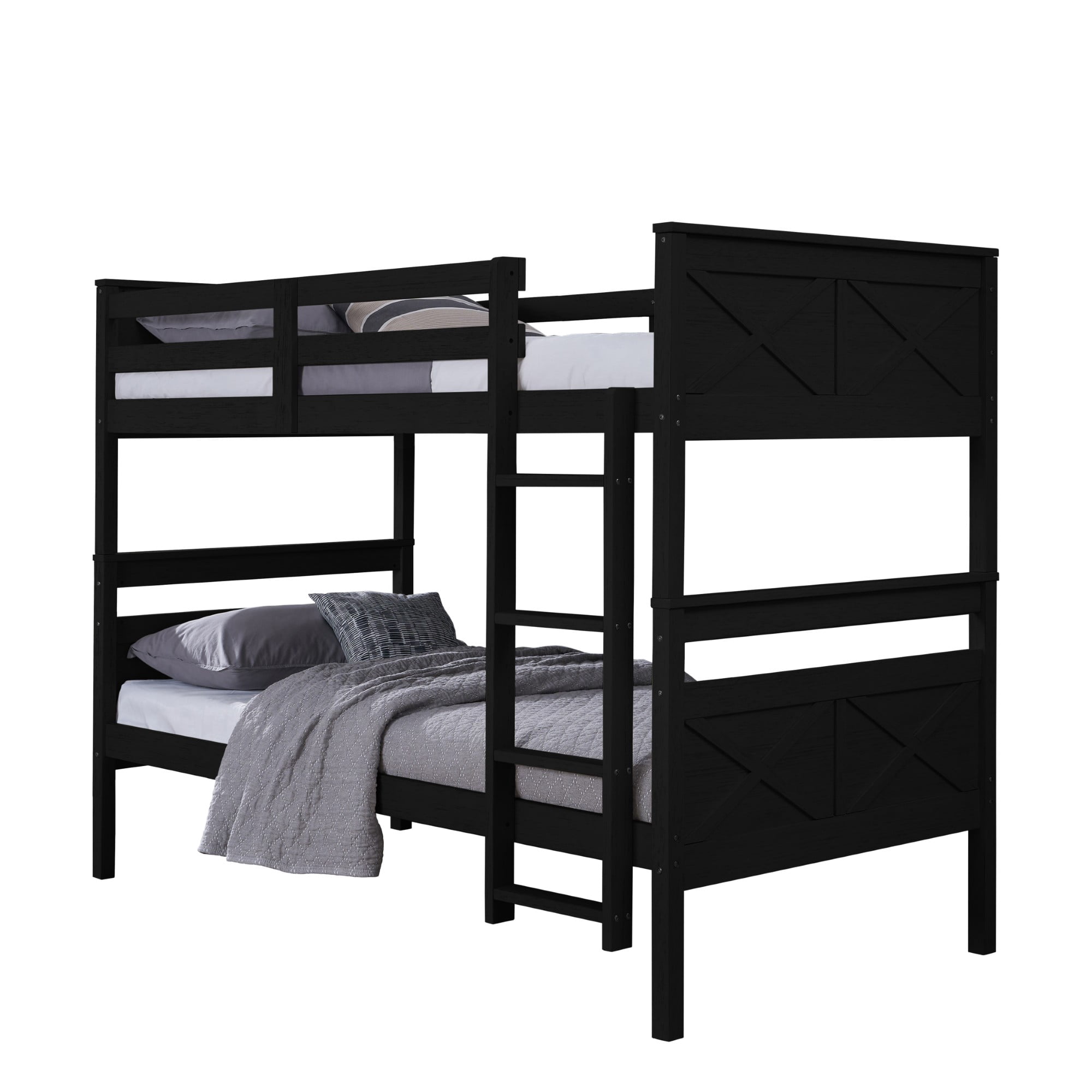 Home Design Exeter Twin Over Twin Solid Wood Bunk Bed Frame with Guardrails and Ladder, Black, Easy Assembly