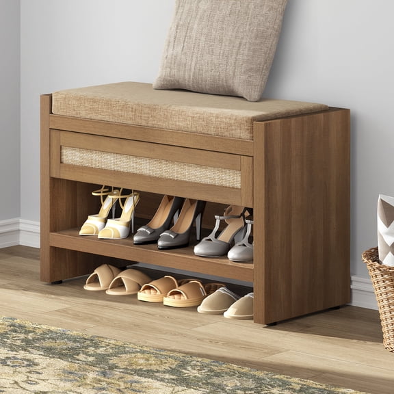 SICOTAS 31" W Shoe Storage Bench with Removable Cushion & Oversized Rattan Drawer, Boho 2-Tier Shoe Rack Bench for Entryway, Bedroom, 330 lb Capacity, Natural Oak