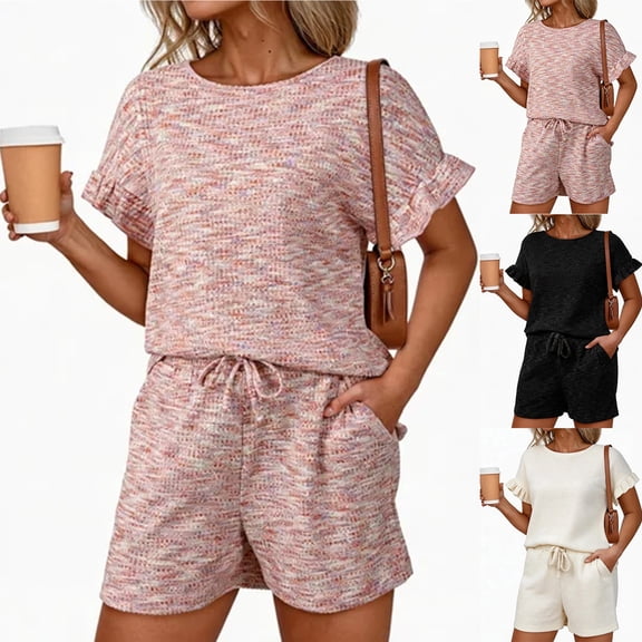 Stichou Women's 2 Piece Short Sleeve Outfits Casual 2026 Spring Summer Shorts Set Lounge Matching Sets with Pockets Red M