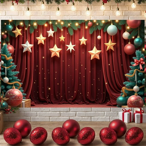 Red Curtain Christmas Banner Gold Stars Xmas Display Christmas Ornaments Pine Tree Holiday Backdrop for Christmas Party Holiday Decoration Xmas Event