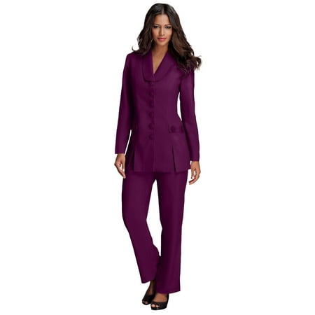 Roaman's Women's Plus Size Petite Plus Size Long Sleeve Ten-Button Shawl-Collar Pant Suit – 2-Piece Pant Set