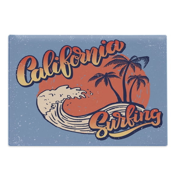 Graphic Beach Cutting Board, Grunge California Surfing with Waves and Palms, Decorative Tempered Glass Cutting and Serving Board, in 3 Sizes, by Ambesonne