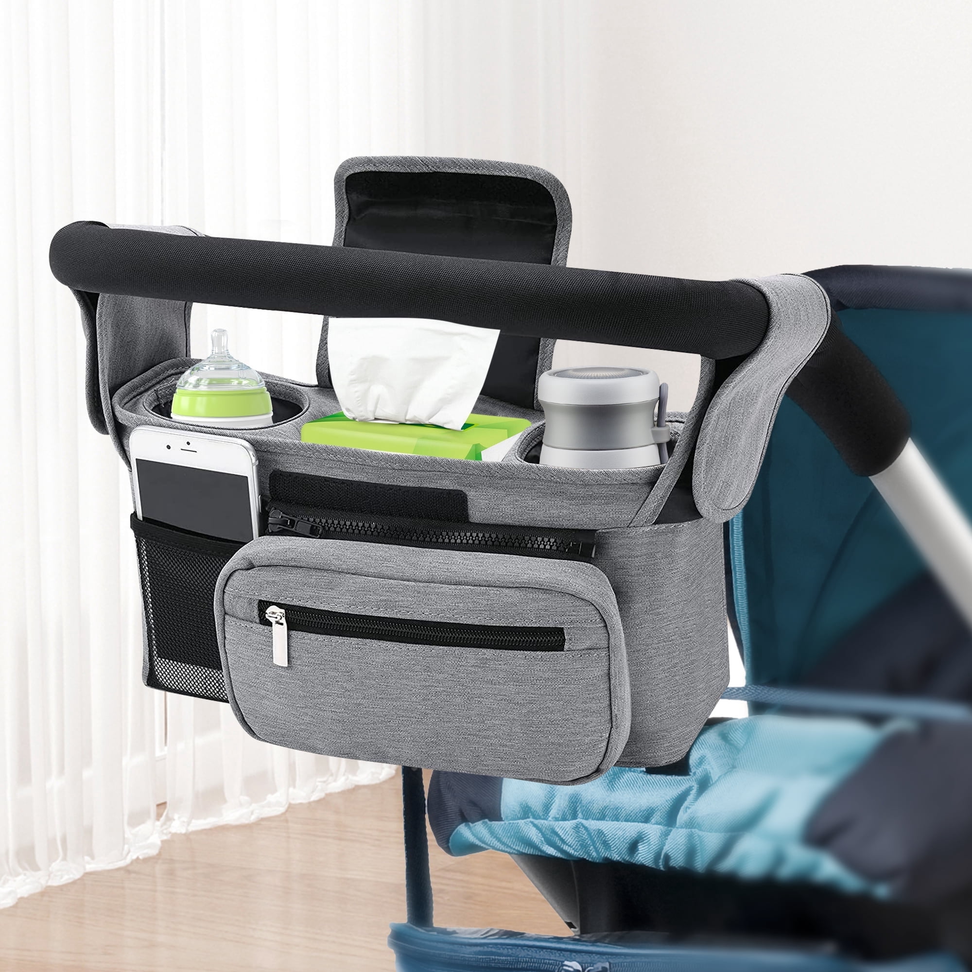 Universal Stroller Organizer Non Slip Straps Stroller Caddy with Insulated 2 Cup Holder-Detachable Phone Bag & Shoulder Strap,Fits for Stroller like Uppababy,Baby Jogger and Pet Stroller, Gray