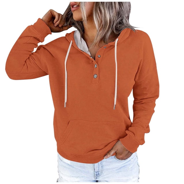 WEAIXIMIUNG Chandails en Molleton Graphiques pour Femmes Grande Taille Automne et Hiver Style de Rue à la Mode Couleur Unie Col à Boutons Poche Cordon de Serrage Chandail à Capuchon de Sport Décontracté