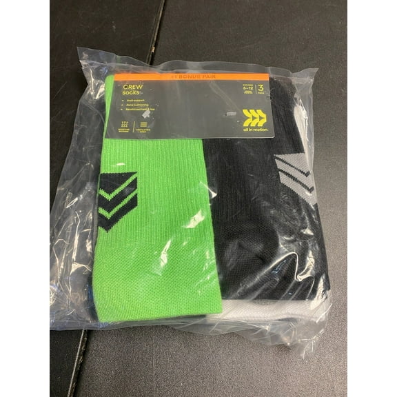 All In Motion Crew Socks4 pack Green/Black/Gray/White Size 6-12_3143