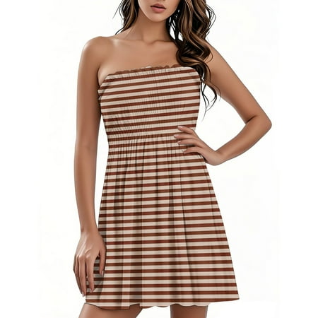 TQWQT Summer Dresses for Women 2025 Vacation Beach Swimsuit Coverup Striped Color Block Strapless Party Dresses Tube Top Sundresses Navy M
