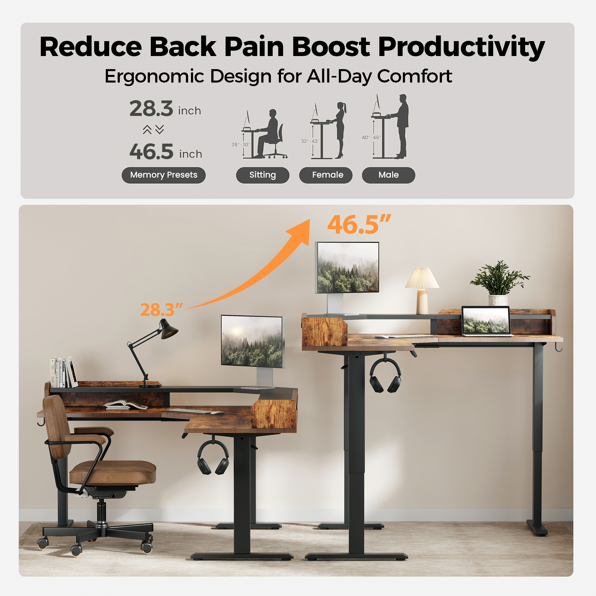62.9" Electric Height Adjustable L Shaped Standing Desk with Monitor Shelf, Computer Desk with Storage,Sit Stand Corner Desk for Home Office Workstations,Rustic Brown