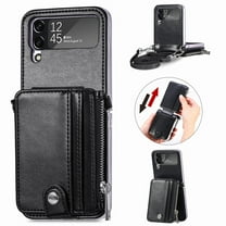 Allytechgroup Wallet Phone Case for Samsung Galaxy Z Flip 4, Premium PU Leather Cards Holder Zipper Pocket Slim Fit Shoulder Strap Shockproof Cases for Girls Women, Black