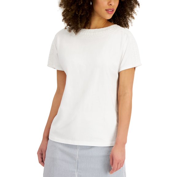 Karen Scott Womens Crochet Trim Top Bright White S