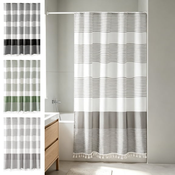 Sahpxhe Shower Curtain Strip Pattern Thickened Waterproof Shower Curtain Liner with Tassels,-Mildew Bathroom Partition for Dry-Wet Separation,36.2X72in,Gray