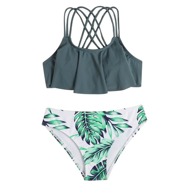 Akiihool Girls Swimsuit Kid Girls High Waisted Cute 2 Piece Peplum