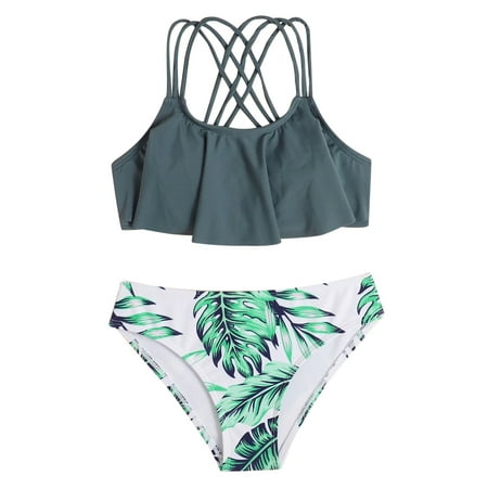 

Two Piece Summer Crisscross Floral Print The Leaves Fashion Bathing Suits Rash Guard Summer Pool Sweet Beachwear Quick Dry Bathrobe