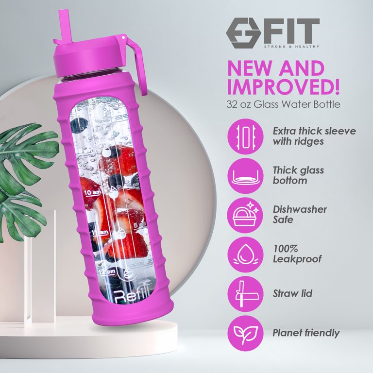 32 oz Glass Water Bottle with Straw Lid, Time Marker, Sleeve & Extra Lid -  Wide Mouth, Large BPA-Free 1 L Glass Drinking Bottle, Waterbottle (Purple  Ribbed Sleeve) - Walmart.com