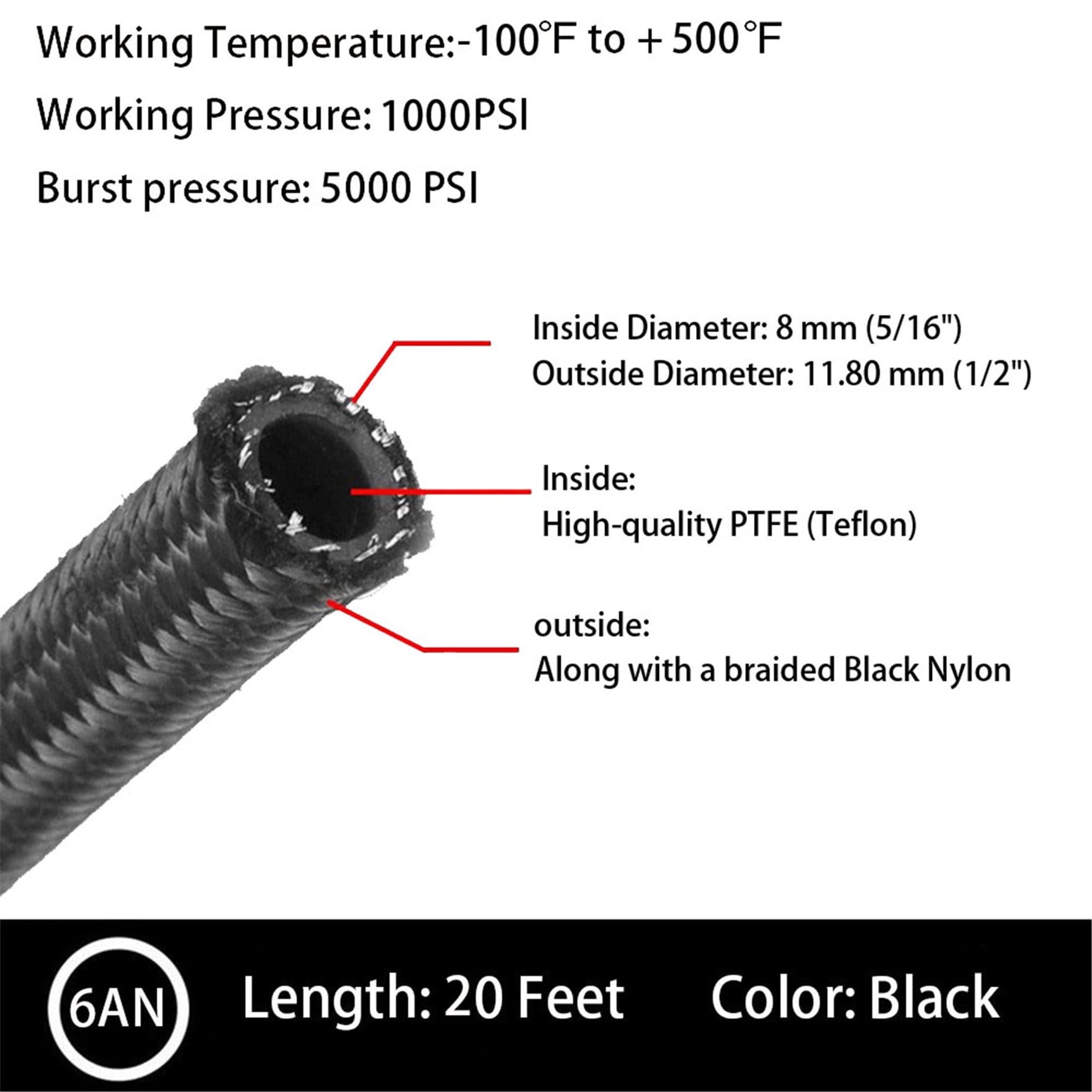 6AN Fuel Line Hose Kit Black Nylon PTFE (Teflon) 20 Feet Gas Ethanol E85 Oil Line Hose with 10PCS Swivel Fuel Hose Fitting Adapter Kit