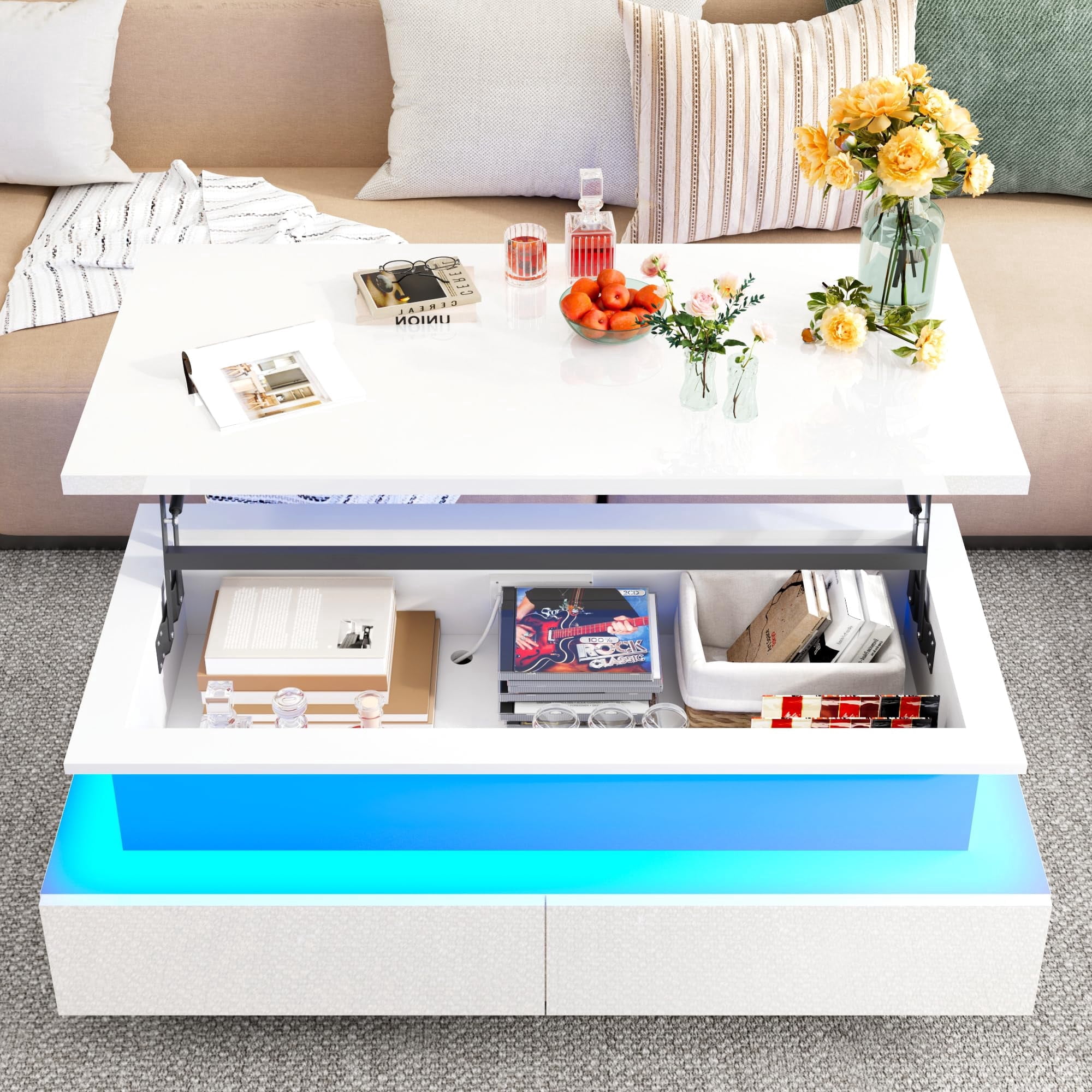 ANPOO 43.3" High-Glossy LED Coffee Table with 2 Sliding Drawers, Lift top Storage Coffee Table with Power Outlet and LED Lights for Living Room, Modern Stylish Double-Layer Center Tables, White