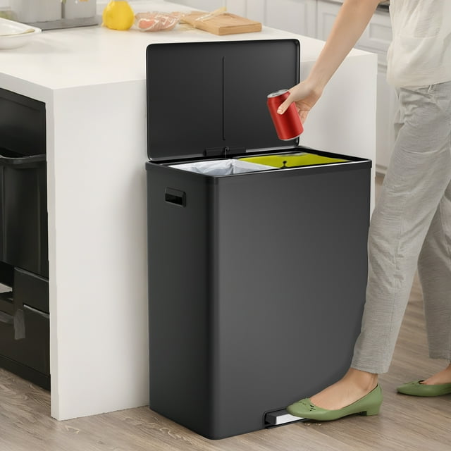 Poubelle Double de 16 Gallons/60 L, Poubelle en Acier Inoxydable avec Couvercle à Fermeture Douce et Pédale, Bac de Recyclage Double Commercial 2 x 8 Gallons avec 2 Paniers Intérieurs Amovibles pour Cuisine Bureau, Noir
