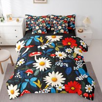 Manfei Groovy Daisy Flower Bedding Comforter Set 7 Pieces, Rustic Farmhouse Full Bedding Set, Jungle Mushroom Plant Reversible Fitted Sheet Flat Sheet, Super Cozy Room Decor