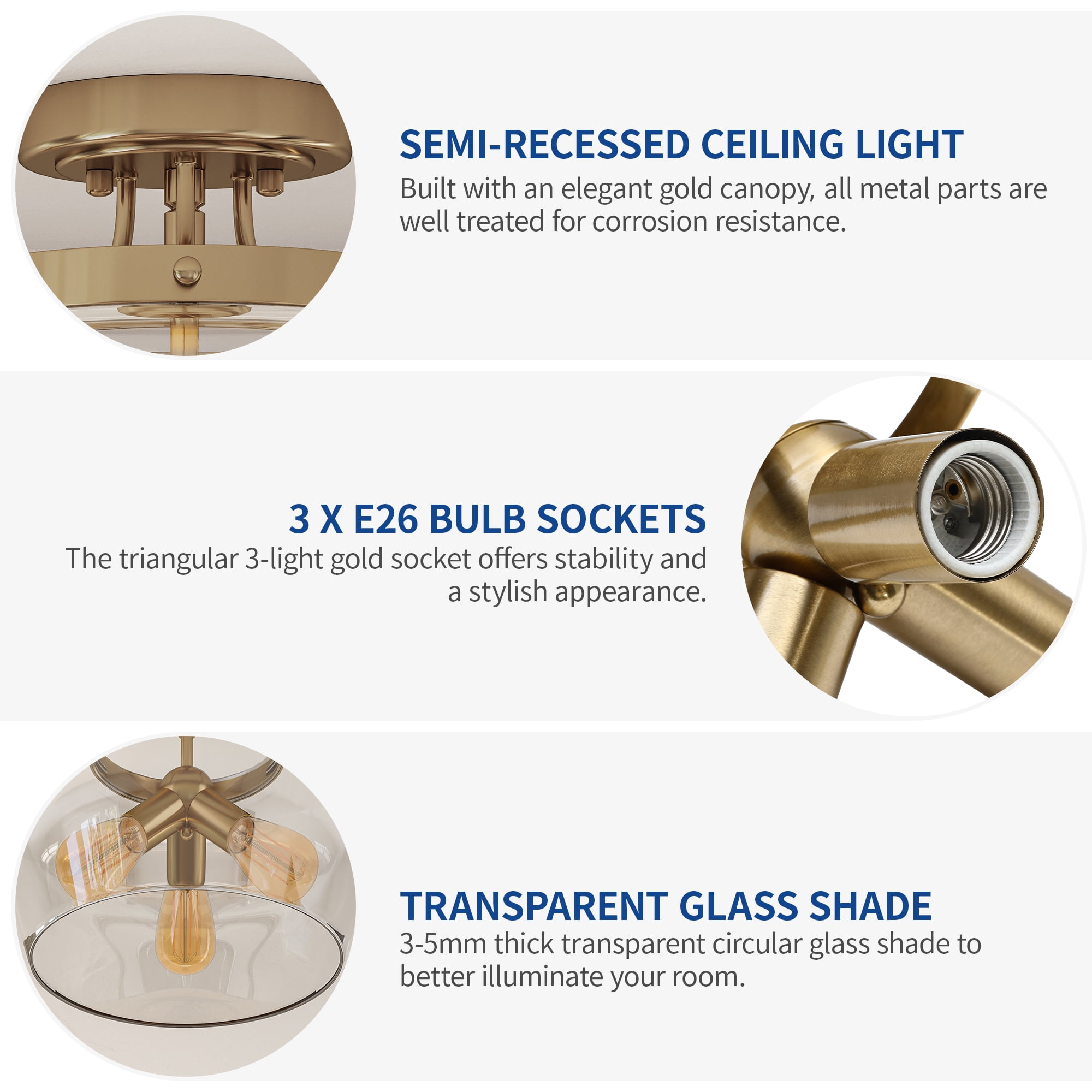 Uforic Semi Flush Mount Ceiling Light, Farmhouse Ceiling light with Clear Glass Shade, Modern Ceiling Light for Closet Dining Room Kitchen Hallway, Gold