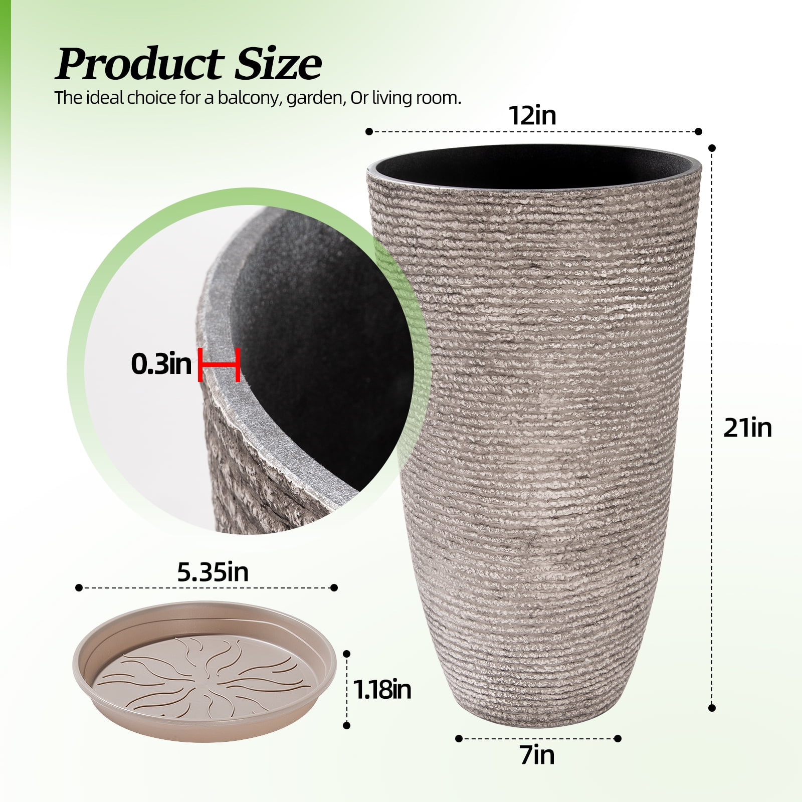 QCQHDU 21 inch Tall Planters with Saucer,2 Pack 9 Gallon Stone Round Pots for Indoor Plants,Outdoor Patio & Porch Decor, Heavy Duty Weatherproof Plant Containers,Gray