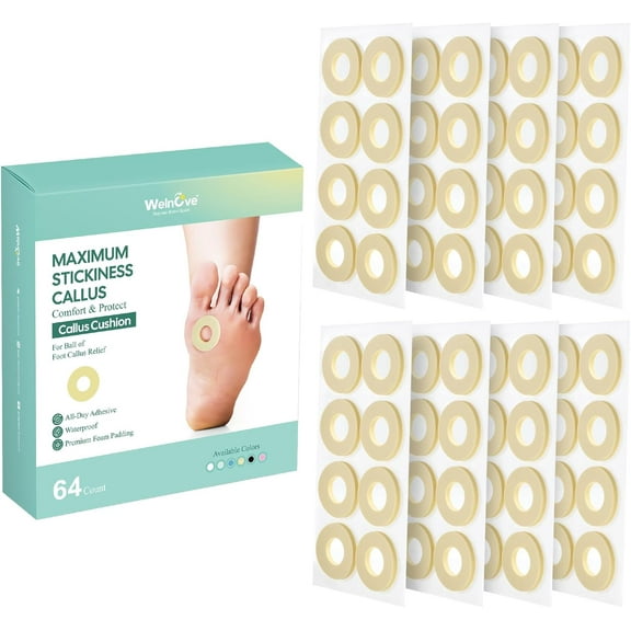 Welnove Corn Cushions for Toes - 64 Count Callus Cushions with Water-Resistant Self-Stick Adhesive, Provide Cushioning and Reduce Pain from Corns Rubbing, Protects Foot and Toes（Beige, 64 Count）