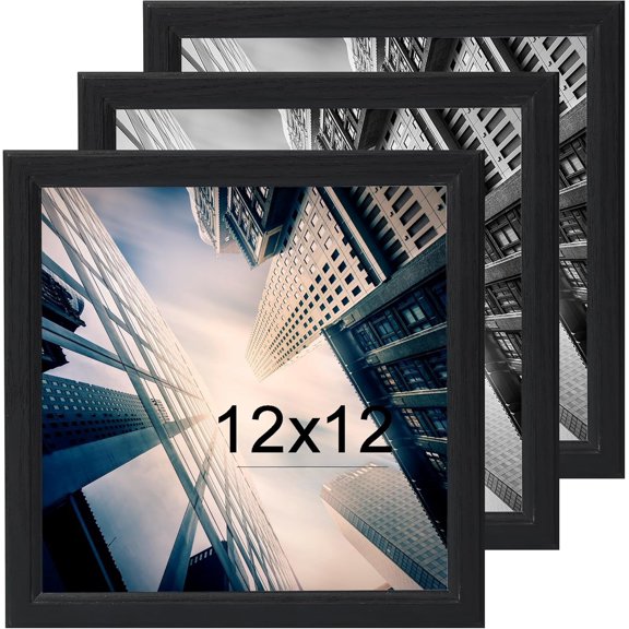 12x12 Picture Frame Set of 3, Black Wooden frames, Wall Hanging Display, Best Square Photo Frame Studio Gallery for Photos, Posters & Art Prints