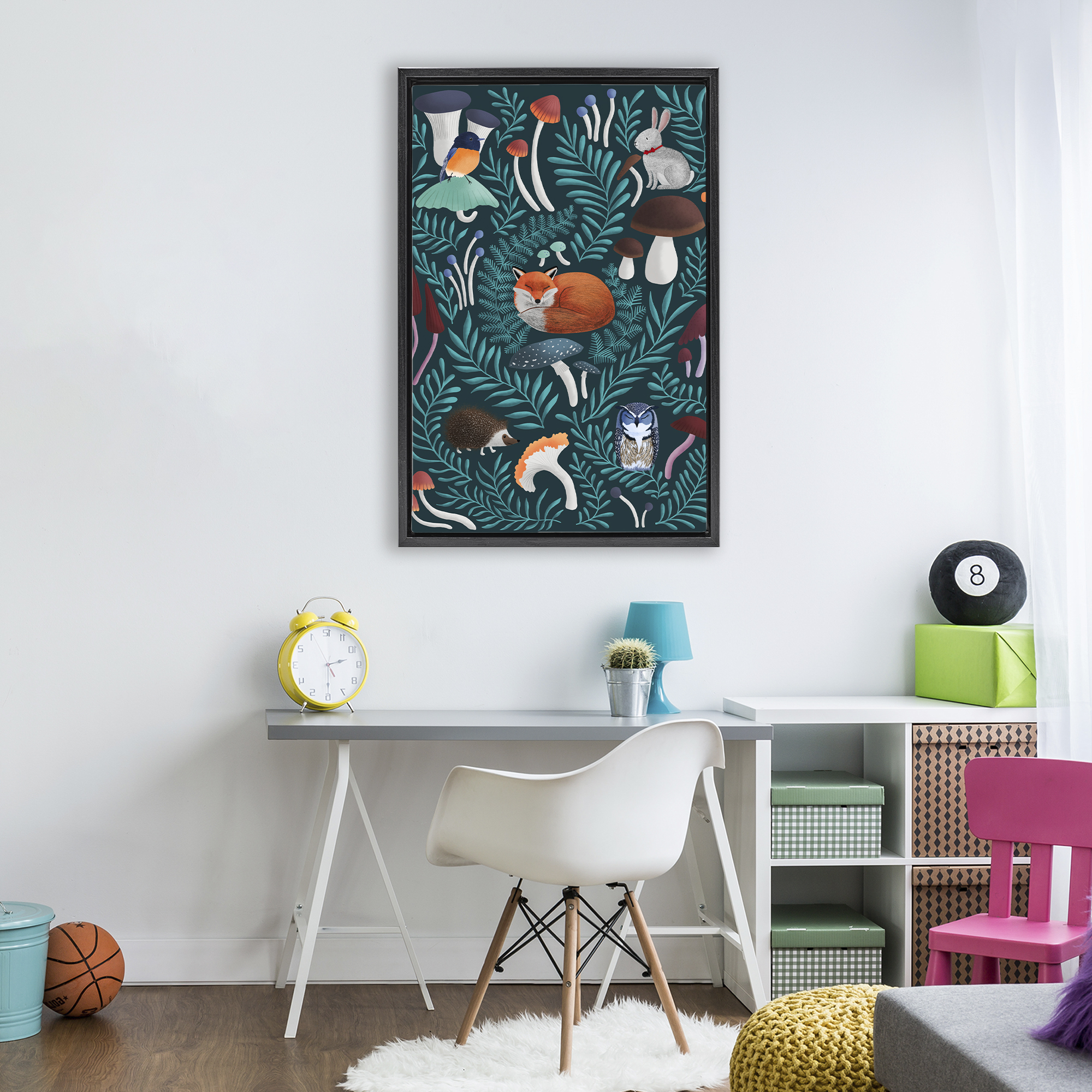 Woodland Animals & Botanical Sprigs Black Framed Floater Canvas Wall Art, design by Metka Hiti