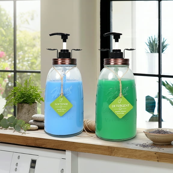 Set of 2 Glass Laundry Detergent Dispenser, 50oz Mason Jar Style Refillable & Reusable Laundry Detergent Containers with Bronze Lids and PumpAid