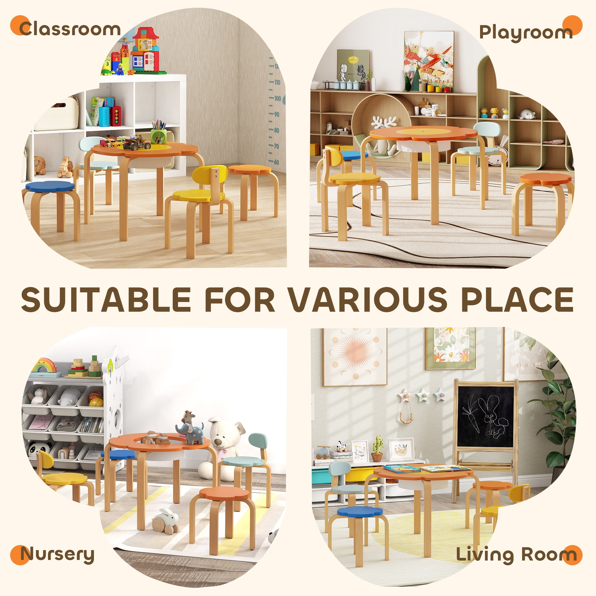 Qaba 5 Piece Kids Table and Chairs Set, Flower-Shaped Toddler Table and Chair Set with Built-in Storage, for Drawing Reading Art Craft Activity