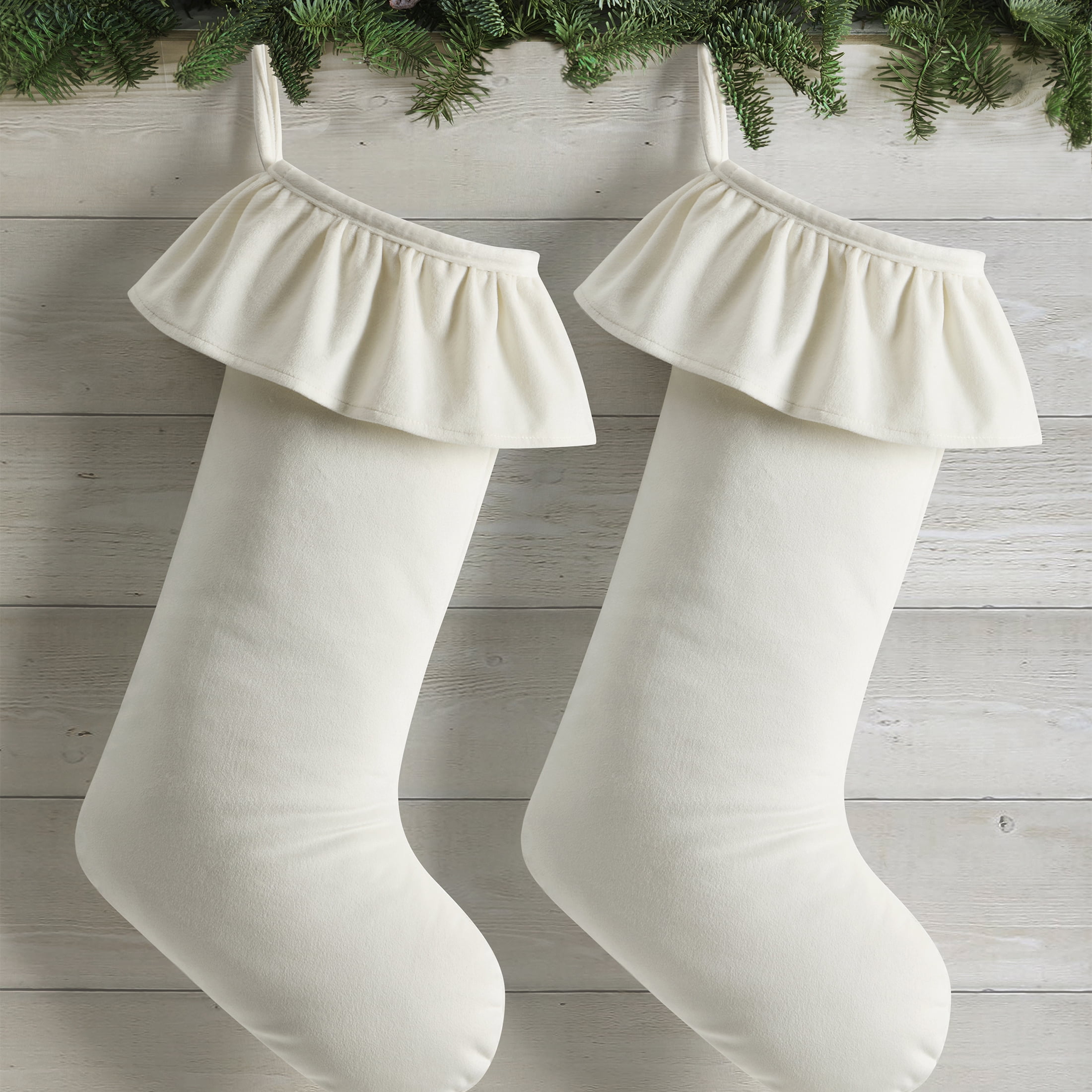 My Texas House Ruffle Ivory Velvet Christmas Stockings, 20" x 10" (2 Count)