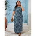 thumbnail image 3 of SHOWMALL Women's Plus Size Maxi Dress with Pockets, Valentine's Day Galentine's Self-Care Gift for Her, Navy Blue Vertical Floral 1X Side Slit Short Sleeve Long Dress, 3 of 6