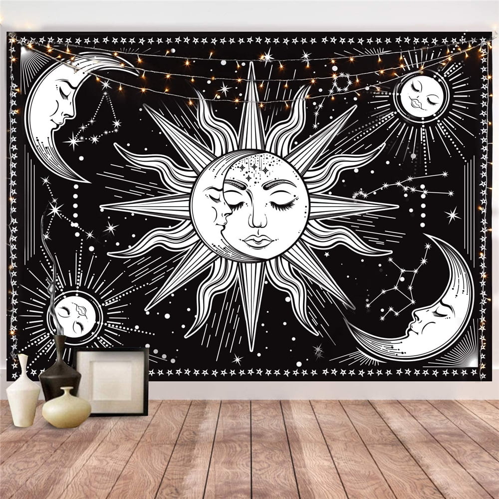 Dorm Home 51.2 x 59.1 Inches Black Pink Tapestry For Bedroom Aesthetic Sun and Moon Wall Tapestry Psychedelic Mystic Wall Hanging Decor for Living Room 