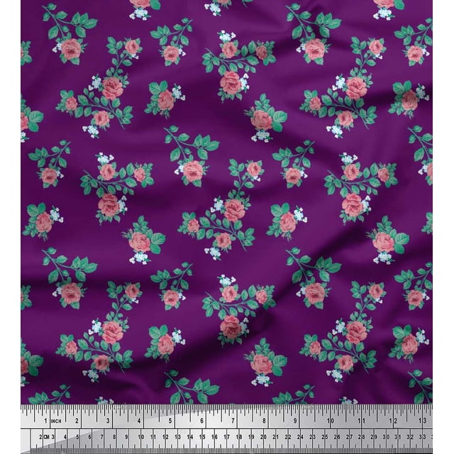 Soimoi Tissu en Coton Canard Feuilles & Roses Imprimés Floraux au Mètre 42 Pouces de Large