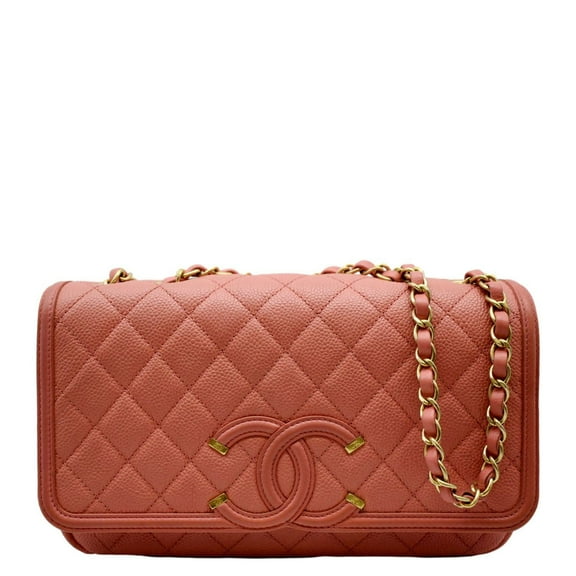 Pre-Owned CHANEL CC Filigree Medium Flap Caviar Leather Crossbody Bag Pink