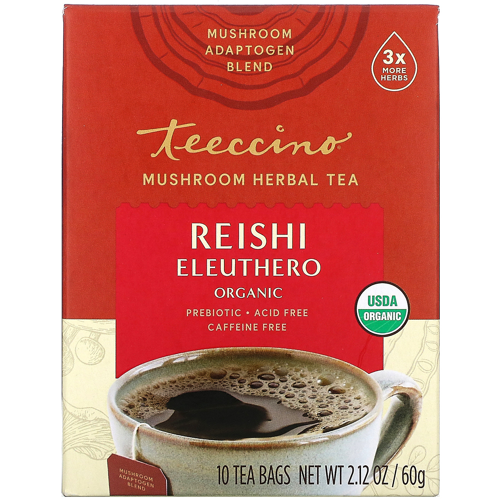 Teeccino Mushroom Herbal Tea, Organic Reishi Eleuthero, Caffeine Free