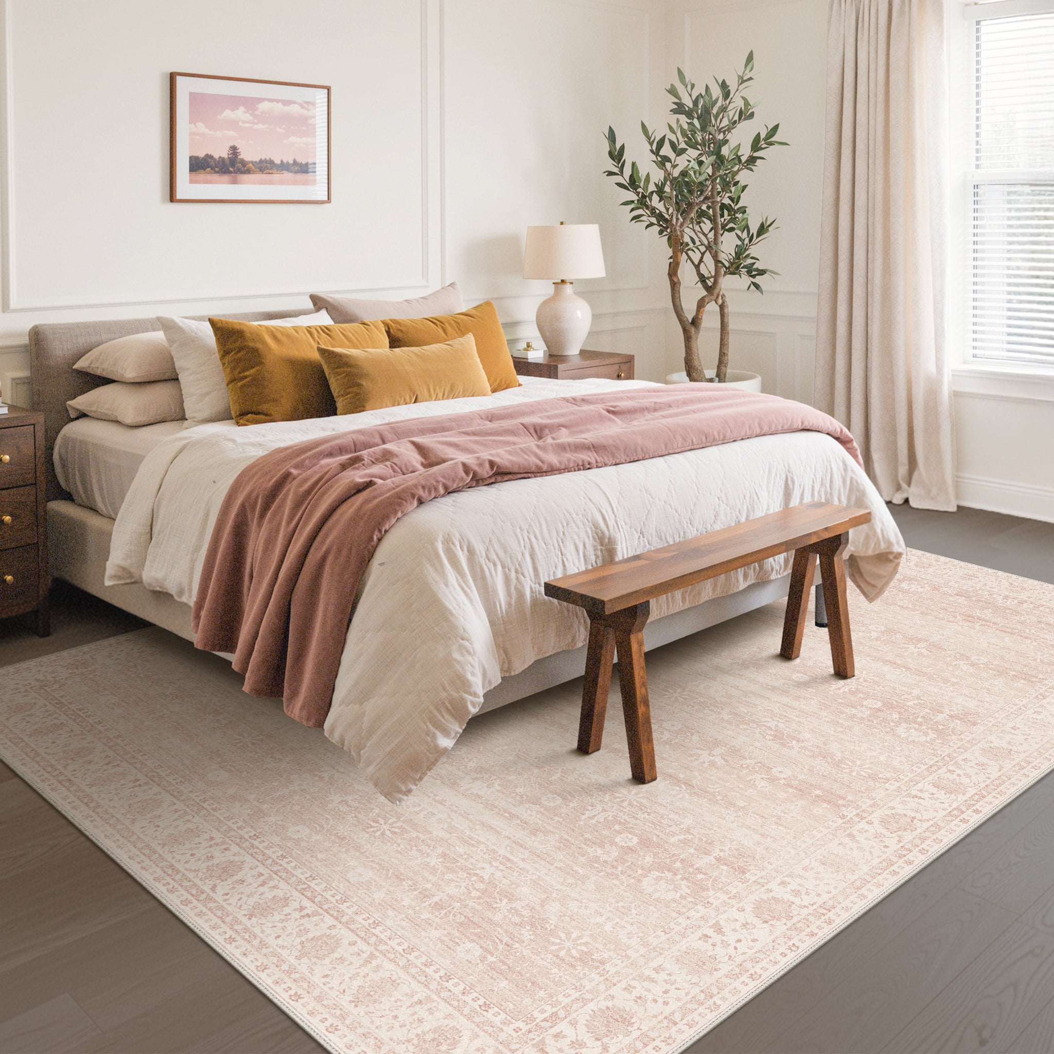 KUETH 9'x12' Area Rugs for Living Room, Non Slip Machine Washable Vintage Indoor Rug, Low Pile Chenille Print Rug for Bedroom Dining Room Home Office