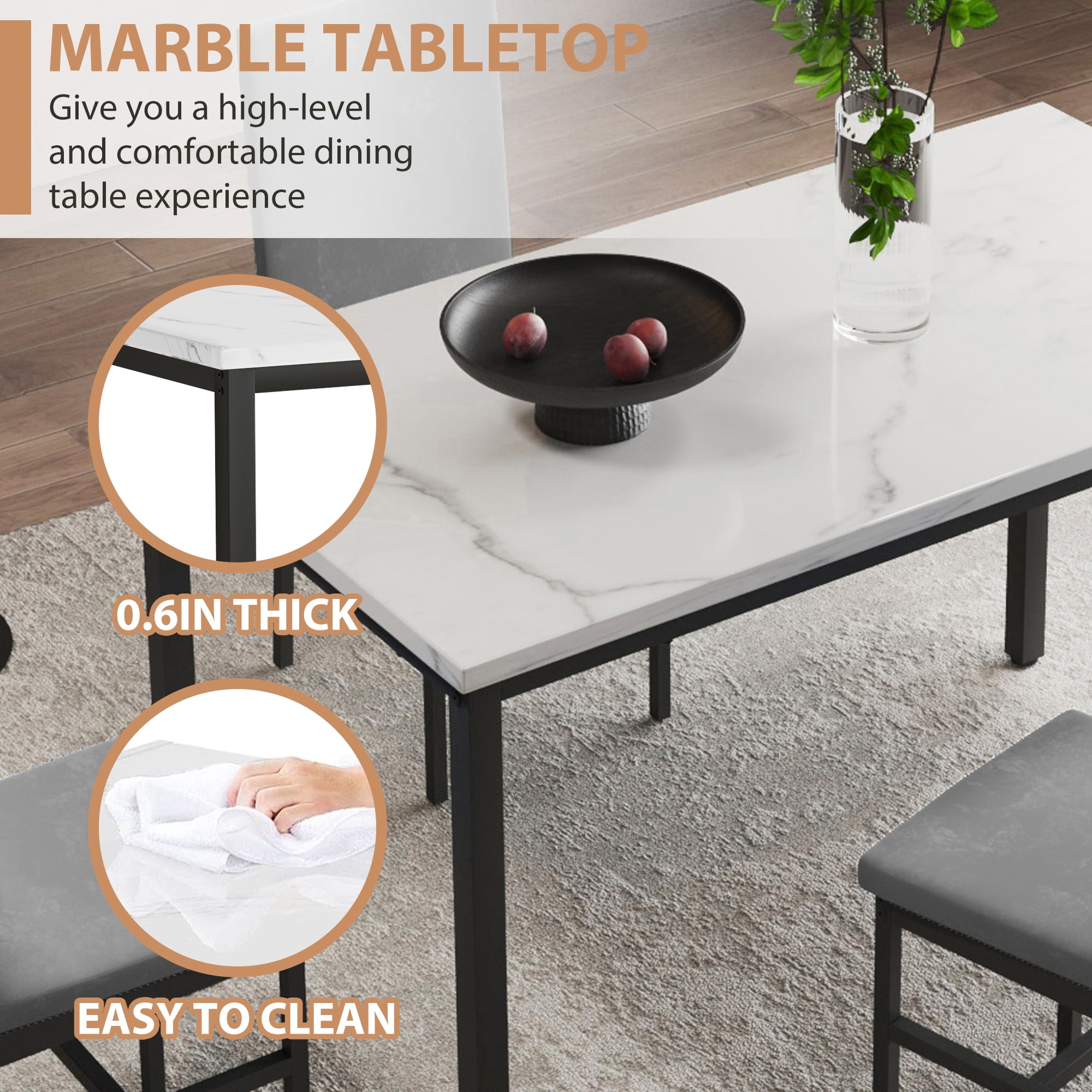 UHOMEPRO 5 Pieces Dining Table Set, Marble Top Dining Table and Chairs Set for 4, Gray Sturdy Iron Frame Dining Room Table Set with 4 Velvet Upholstered Chairs for Small Dining Room