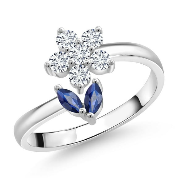 Gem Stone King 925 Sterling Silver Blue Sapphire Flower Open Ring for Women (0.58 Cttw, Gemstone September Birthstone, Size 9)