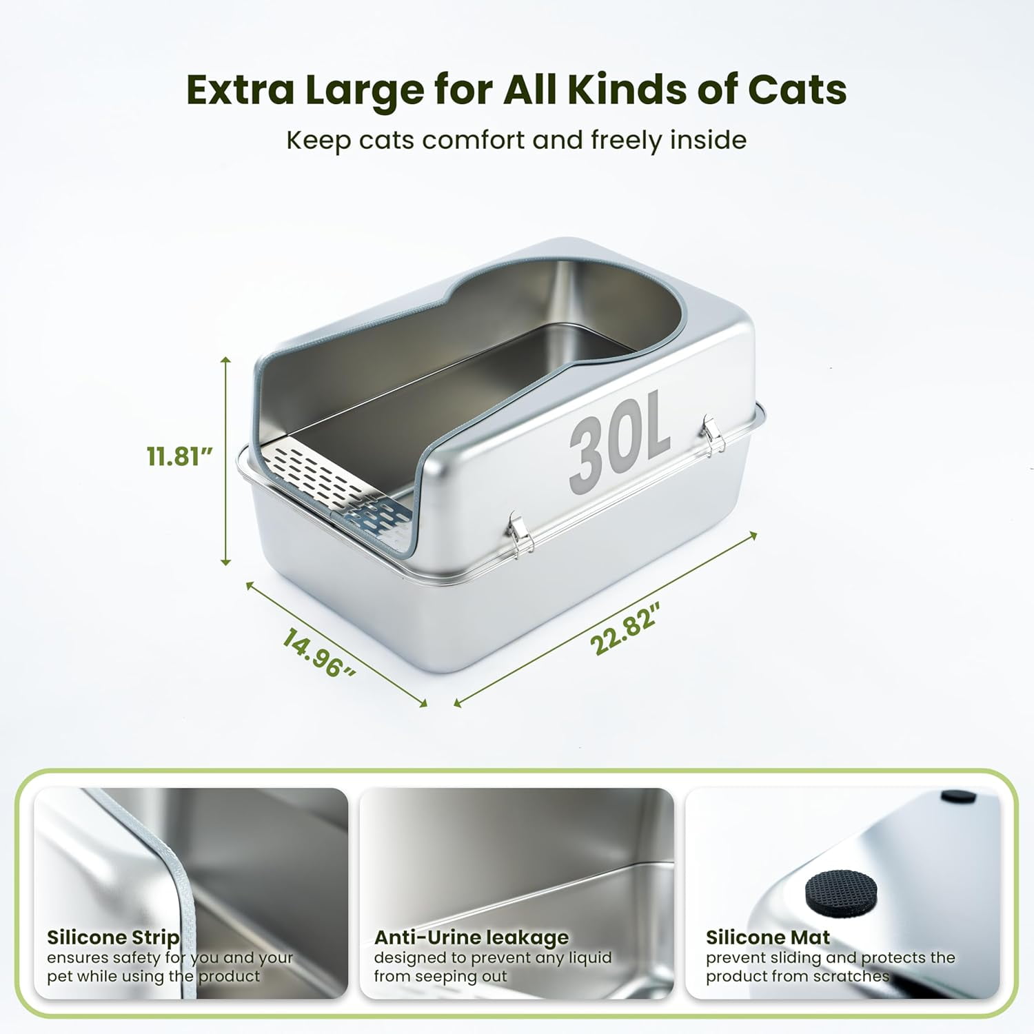 Cattasaurus Stainless Steel Litter Box for Large Cats with Scoop and Pedal