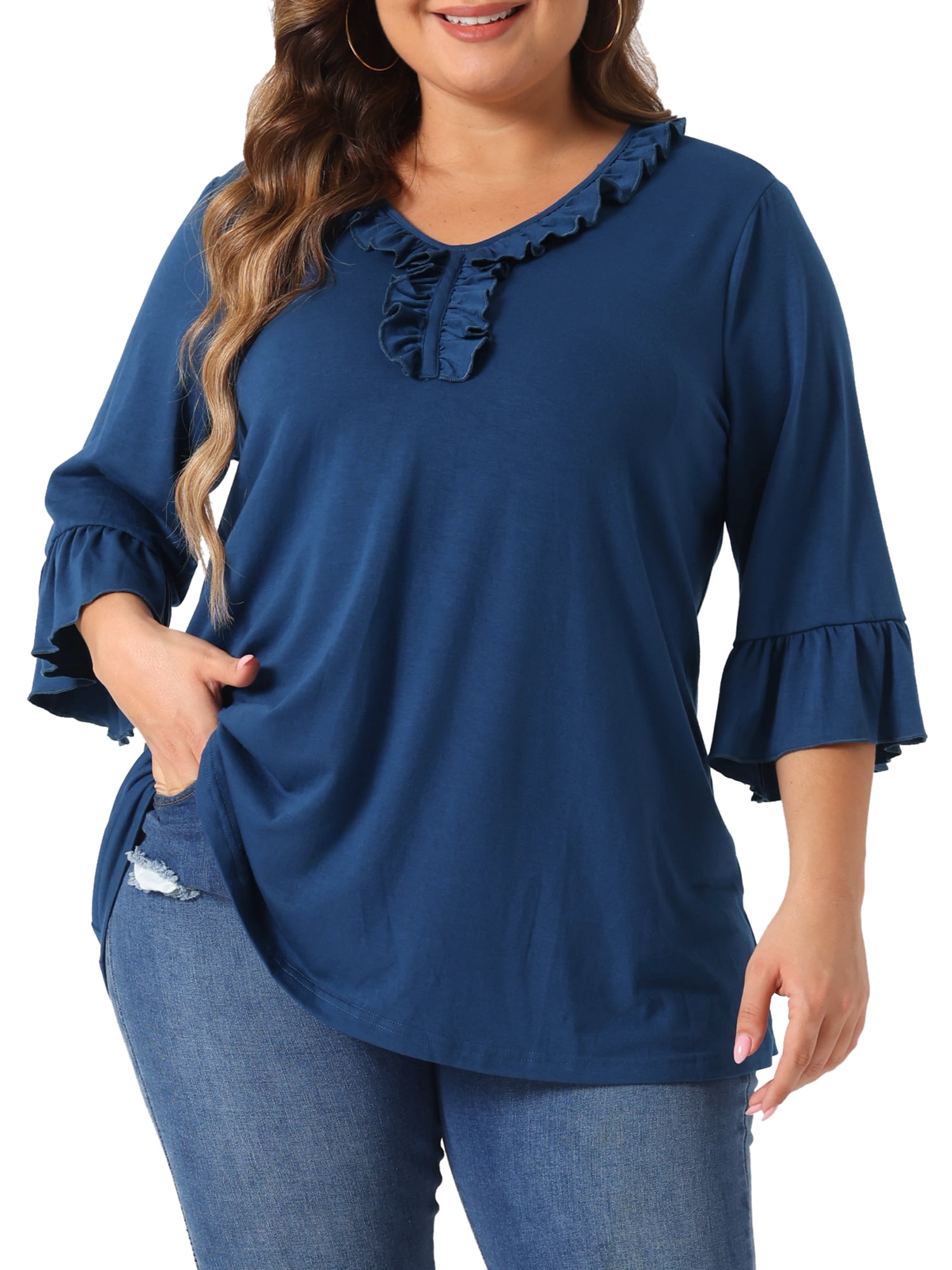 DARING DIVA Women's Plus Ruffle V Neck Tunic Dressy Top 4X Blue