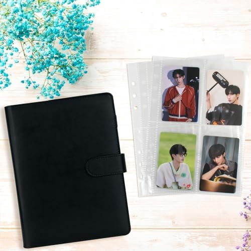 A5 Kpop Photocard Binder, 6 Ring Binder Album with 200 Card Slots, PU Leather Binder Cover with Magnetic Buckle Closure for Organizing Trading Cards (Black)