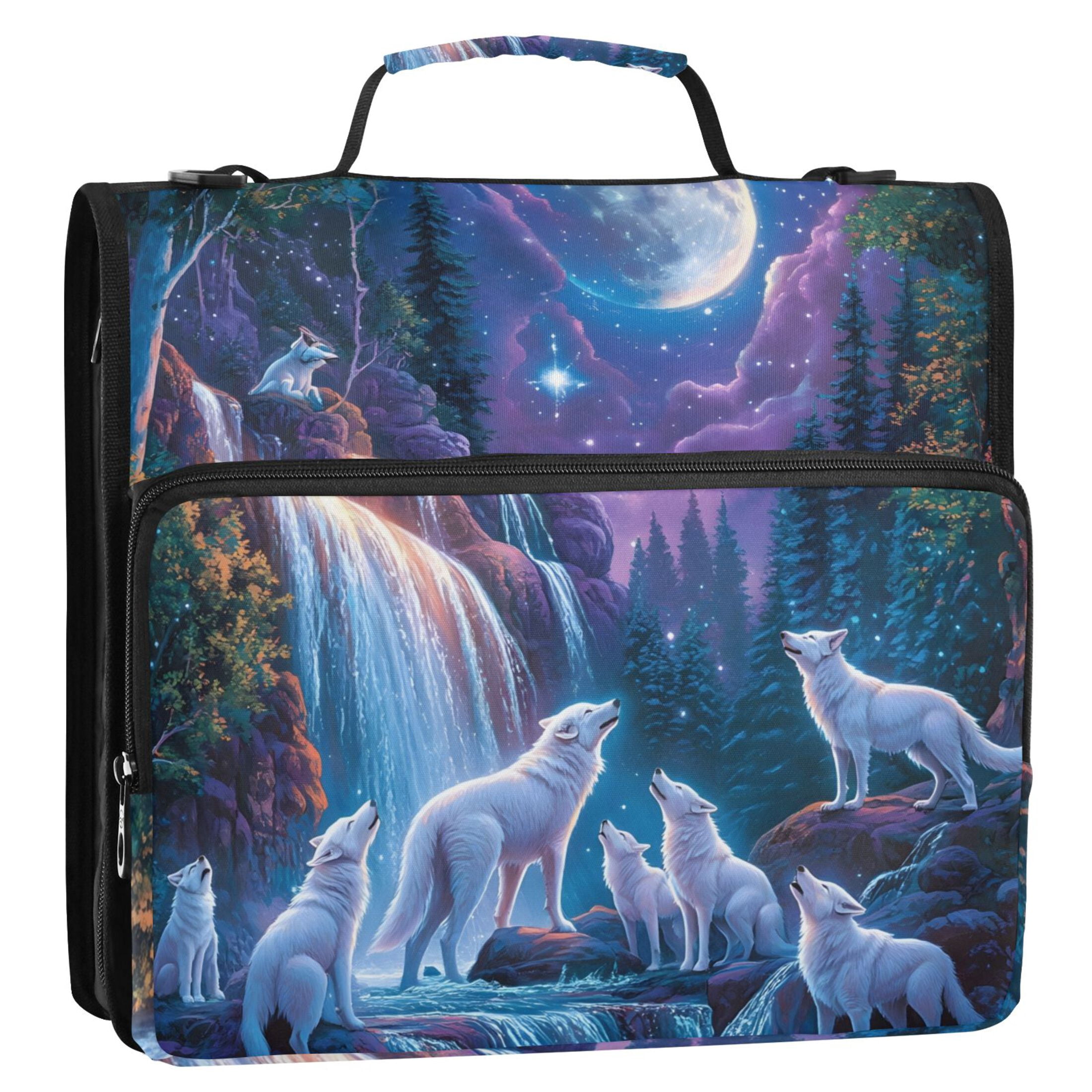 3 Ring Zipper Binder with Shoulder Strap Waterproof Trapper Keeper 2 Inch D-Ring 500 Sheets Capacity White Wolf and Waterfall Moon