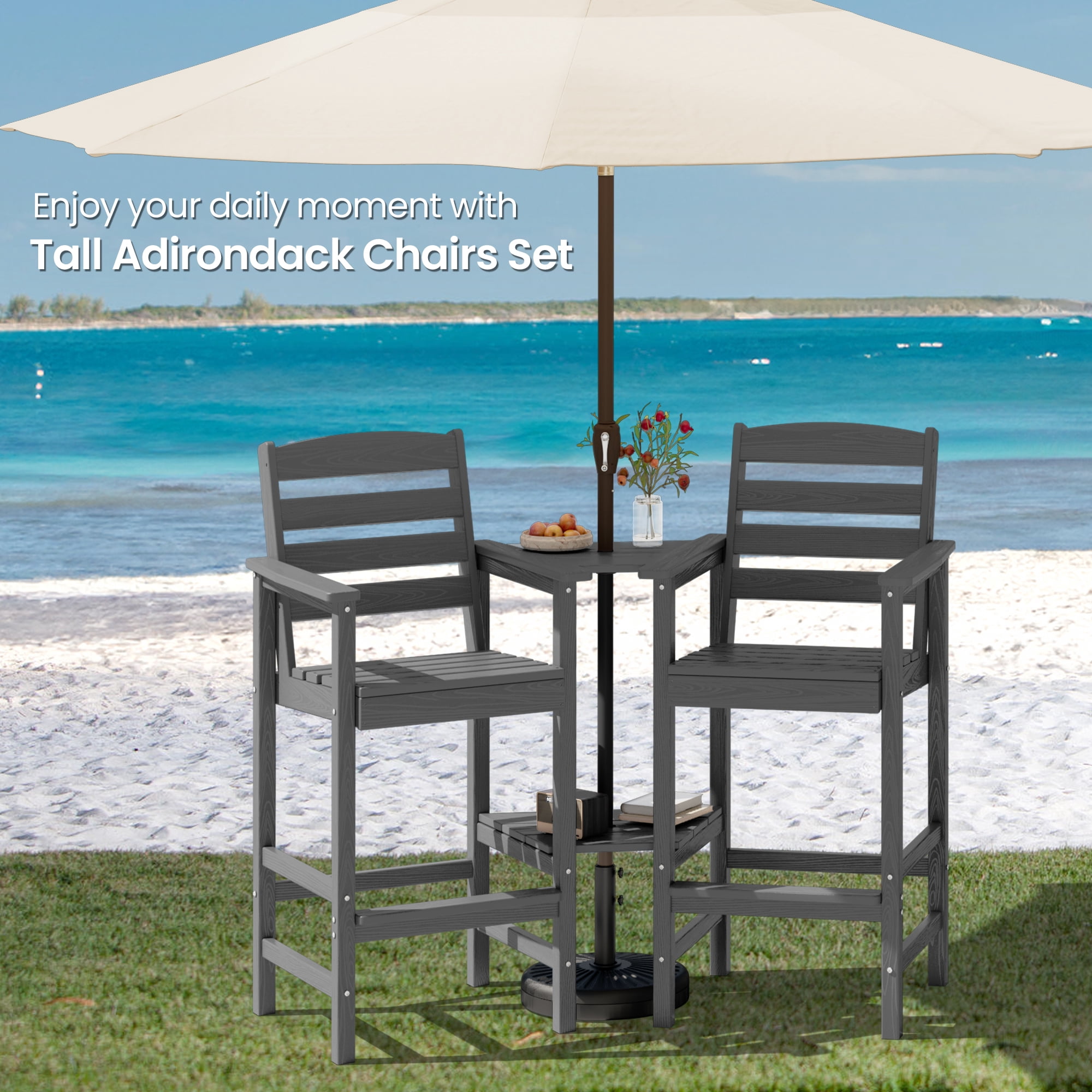 SERWALL Tall Adirondack Chairs Set of 2 with Connecting Table, HDPE Adirondack Outdoor Barstools, Grey