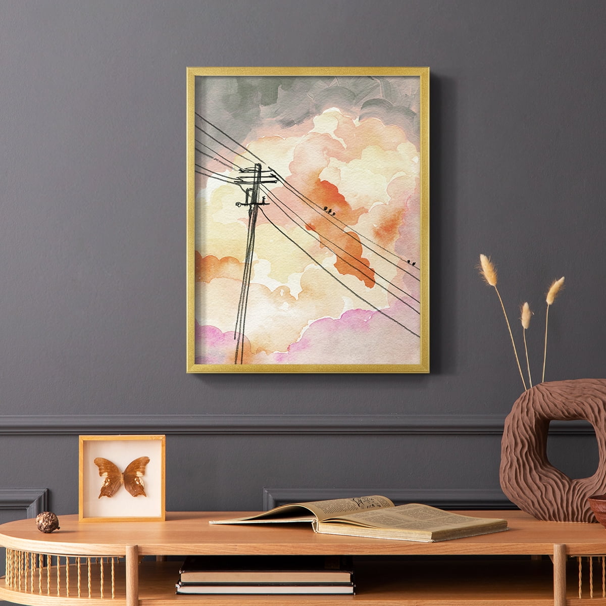 Cloudy Communication II Framed Print in Gold Solid Wood Framed Print No Nail Hanging