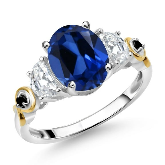 Gem Stone King 925 Silver and 10K Yellow Gold 3-Stone Ring Oval Blue Created Sapphire and Moissanite (2.81 Cttw, Size 6)