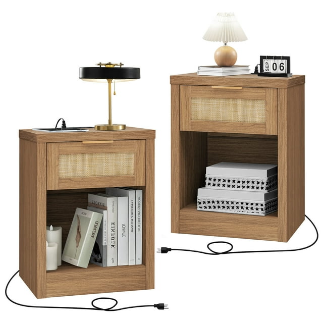 OAKHAM Rattan Nightstand Set of 2 with Charging Station, Bedside Table with Type-C/USB Port, Boho Side Tables End Table for Living Room, Bedroom, Weathered Oak