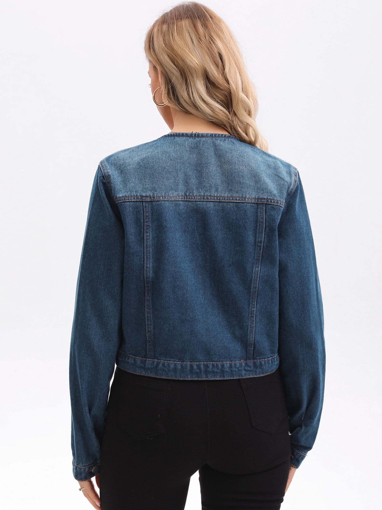 DARING DIVA Women's Collarless Button Down Long Sleeve Denim Jacket S Dark Blue