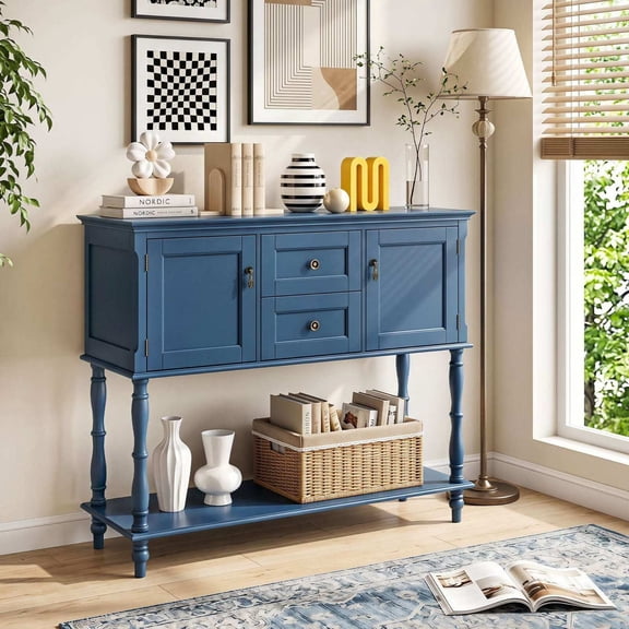 Blue Console Table with 2 Drawers, 2 Door Cabinets, and Bottom Storage Shelf