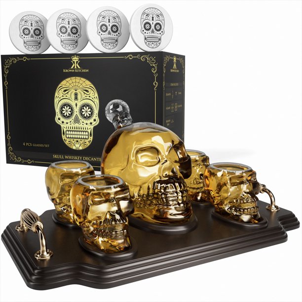 KROWN KITCHEN Skull Whiskey Decanter Set. Includes 4 skull shot