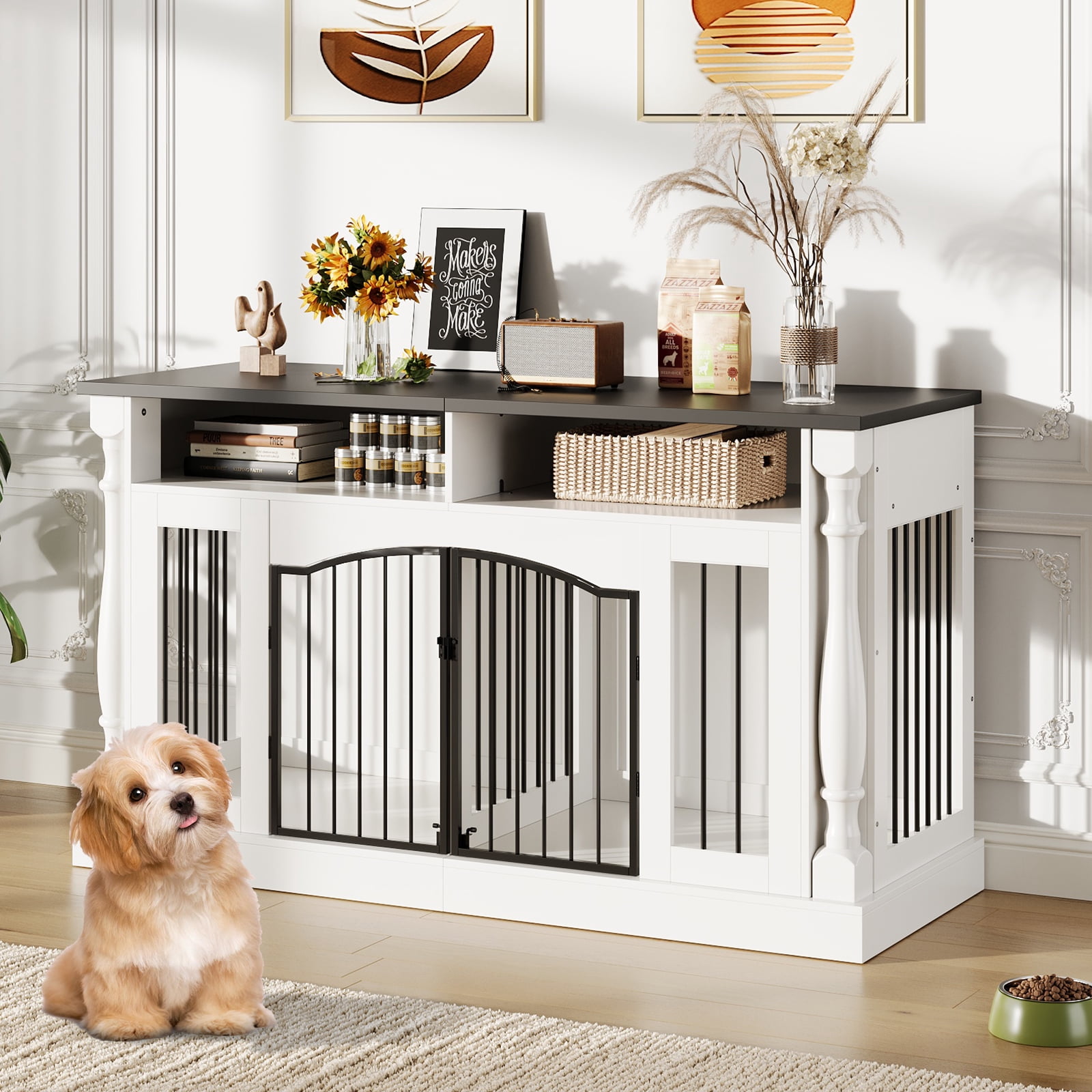 Heavy Duty Double Dog Crate Furniture for 2 Dogs - 63" Wooden Kennel with Open Storage, TV Stand Table, Charging Station, Sliding Barn Doors - Roman Column Design for Small & Medium Dogs - White